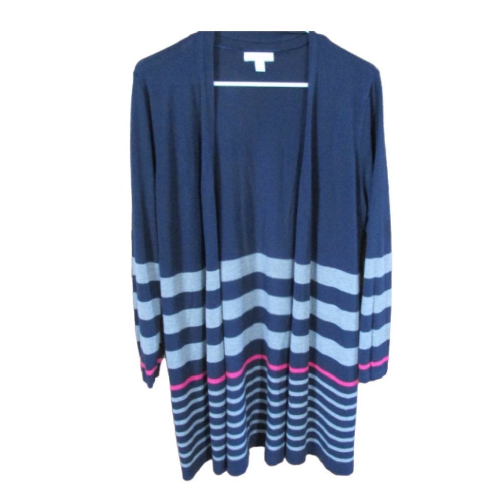 Charter Club Open Front Cardigan Sweater Womens Medium Blue‎ Striped 3/4 Sleeve